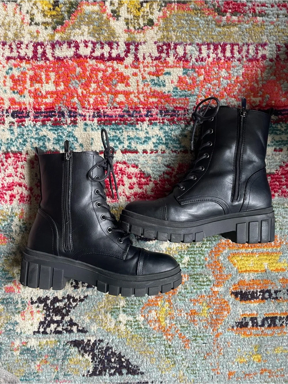 Kids Black Lace-Up Chunky Lug Boots